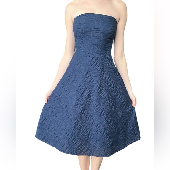 Vintage Y2K J. Crew Navy Cotton Strapless Dress Textured Preppy Classic Small - Picture 1 of 5
